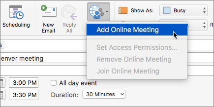Screenshot of a meeting request with Add Online Meeting selected in the Ribbon.