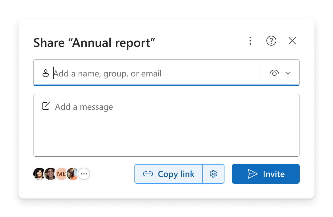 The sharing experience where you can copy a link or email an invite that gives people access to the item