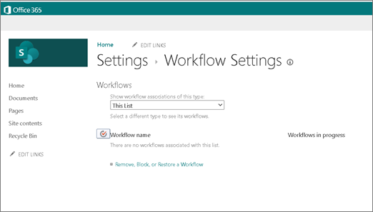Screenshot of the Workflow Settings page in SharePoint showing that even when Workflows are enabled theres no option to option to create a 2010 workflow