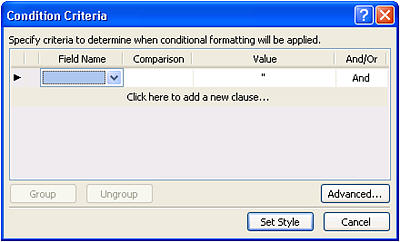 Condition Criteria dialog box in SharePoint Designer 2010 for applying conditional formatting rules to a view
