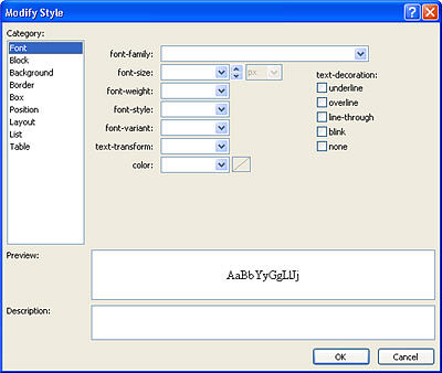 Modify Style dialog box in SharePoint Designer 2010 with formatting options for font weight and background color