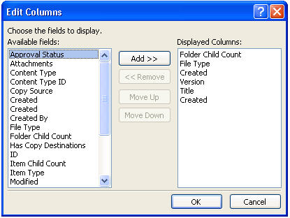 Edit Columns dialog box in SharePoint Designer 2010 with Available fields list and currently displayed fields