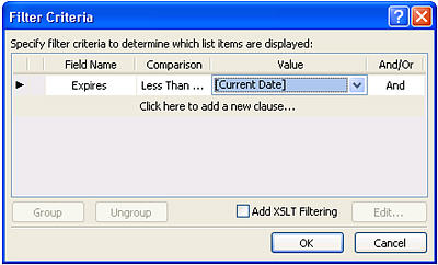 Filter Criteria dialog box in SharePoint Designer 2010 with Field Name, Comparison, and Value controls