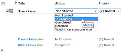 SharePoint list view with inline editing active showing editable text fields within a list item row