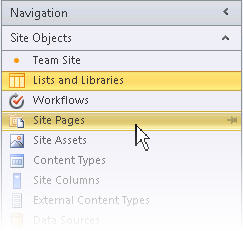 SharePoint Designer 2010 Navigation pane showing options to open a List View from a list or library