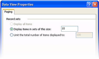 Data View Properties dialog box in SharePoint Designer 2010 with Paging tab showing display item count options