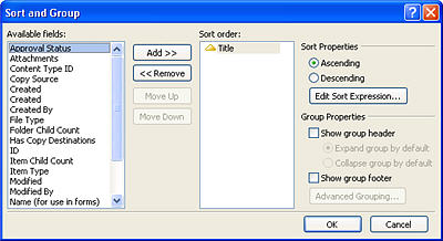 Sort and Group dialog box in SharePoint Designer 2010 with sort order field list and sort properties settings