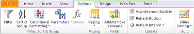 SharePoint Designer 2010 ribbon showing view editing tools for customizing List and Data Views