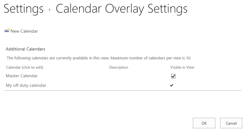 Calendar Overlay Settings page with the New Calendar button for adding a SharePoint calendar overlay