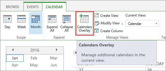 SharePoint calendar ribbon with the Calendar Overlay button on the Calendar tab for SharePoint calendar overlay
