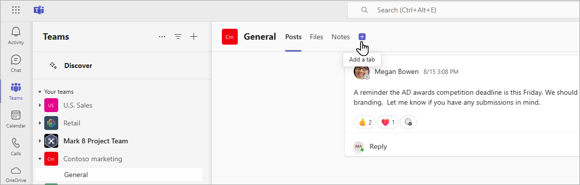 Adding a SharePoint tab in Teams.