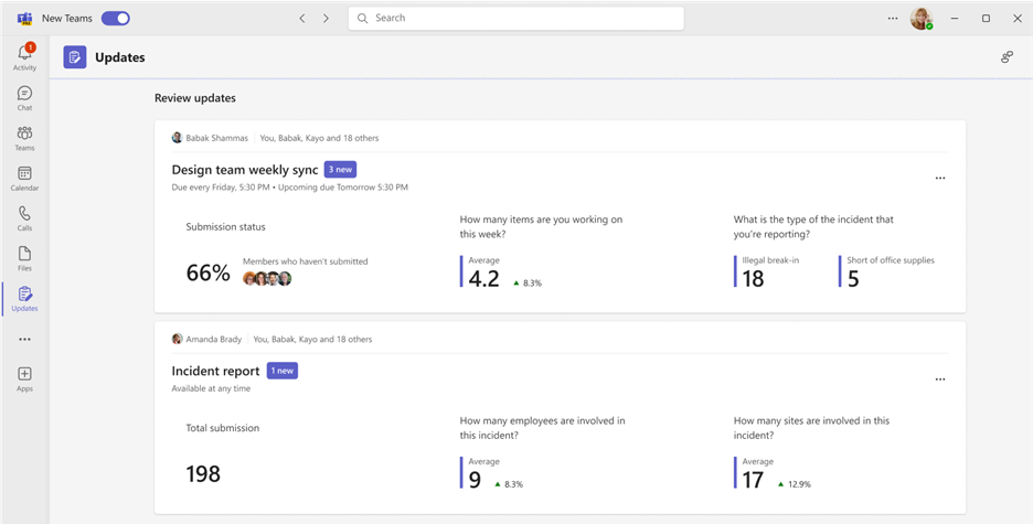 Review updates page showing update cards and submission statistics