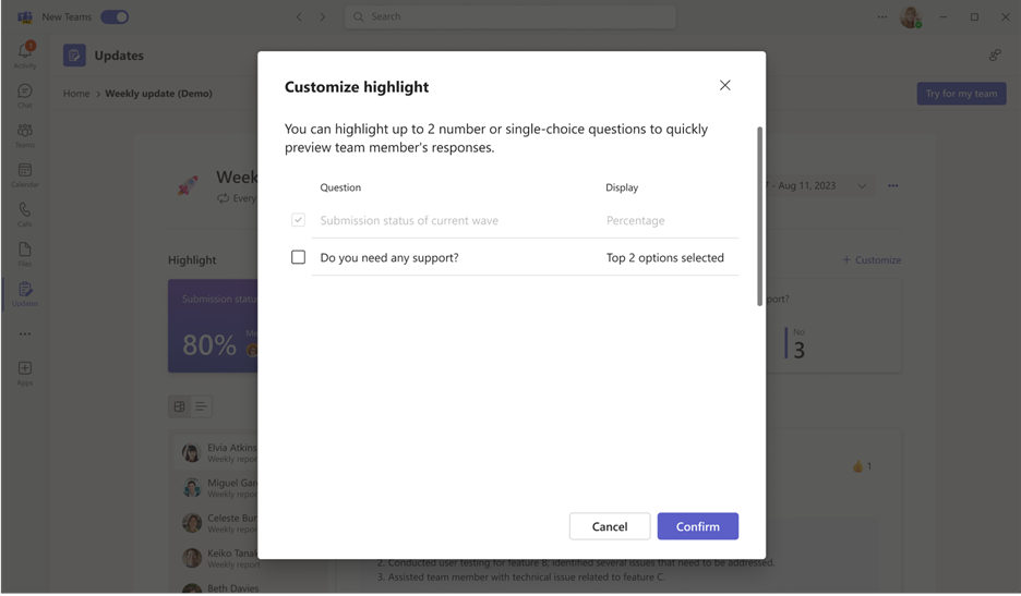 Customize highlight dialog for selecting update data to display