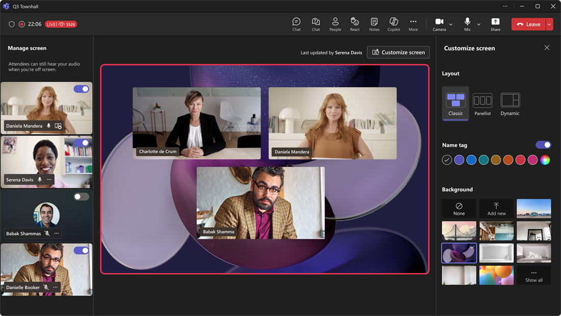 Screenshot of the producer's view showing the customize layout screen during a live town hall.