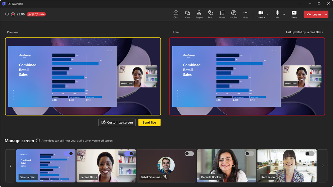 Screenshot of the producer's view with live preview during a town hall.