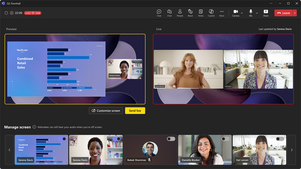 Screenshot of a producer's view after arranging content before pressing send live.
