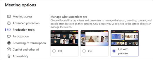 Screenshot of meeting options showing On with preview.
