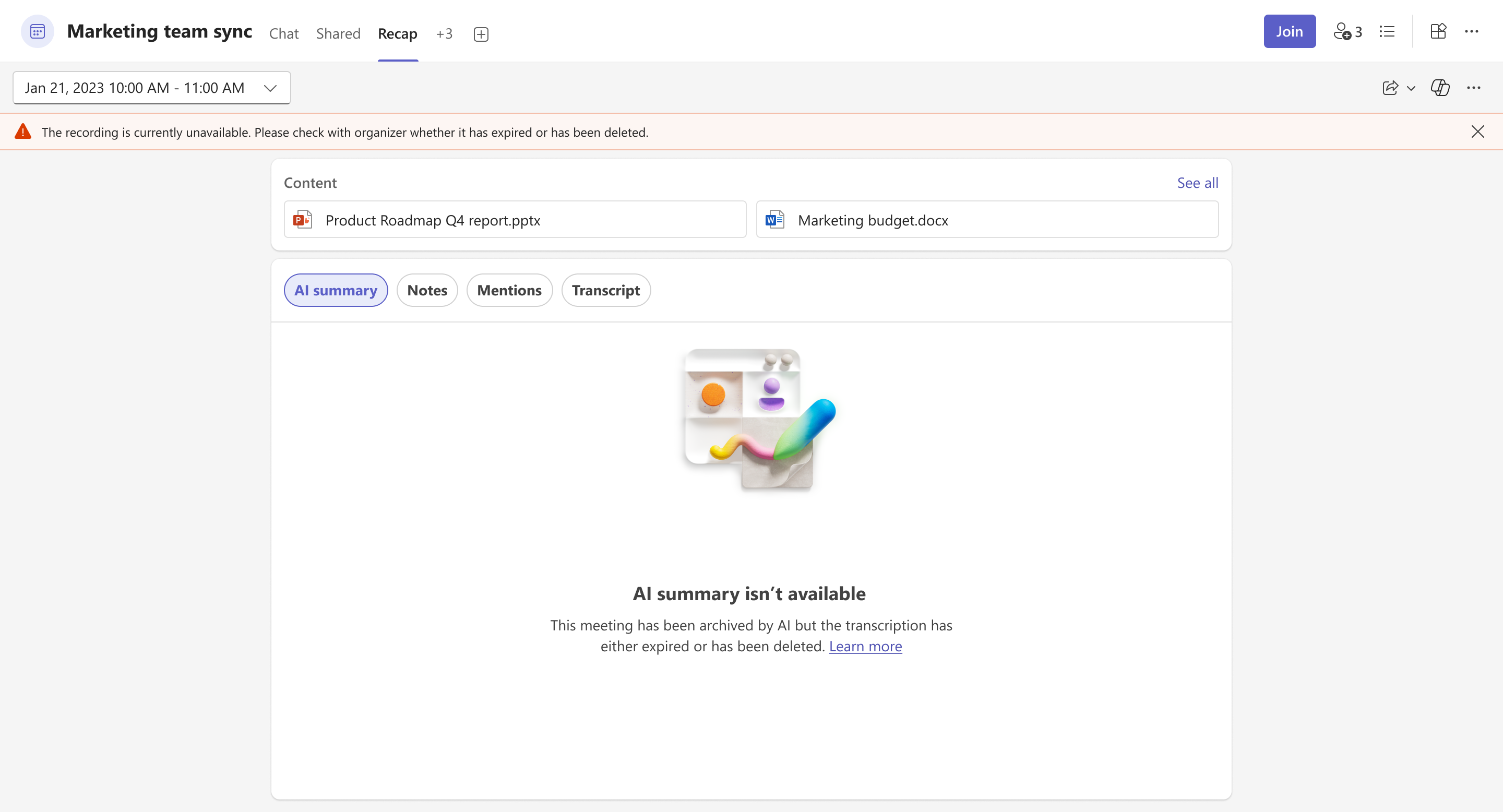 AI summary page when transcript has expired but meeting memory ive still exists.