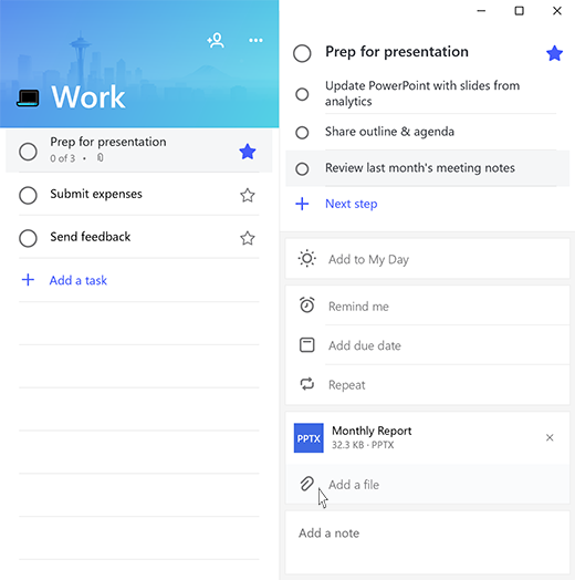 Screenshot with Microsoft To-Do open to task Prep for presentation and the option to Add a file highlighted.