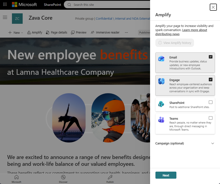Amplify from SharePoint panel open on a SharePoint news post showing you can amplify to email, Teams, Engage, and additional sites.