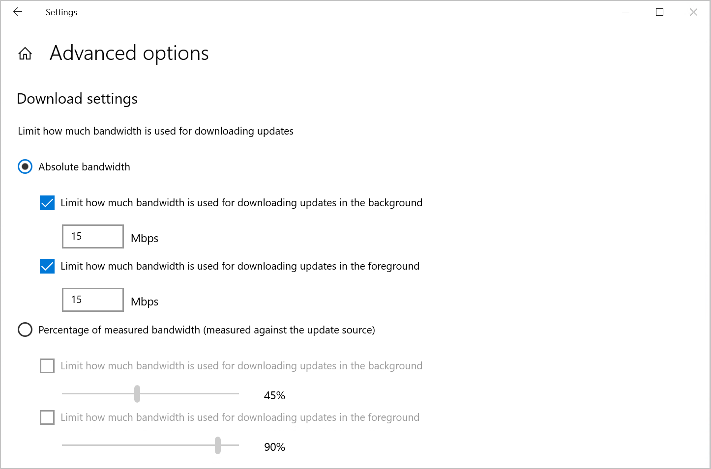 Screenshot of the Delivery Optimization option to limit download bandwidth in Windows 10.