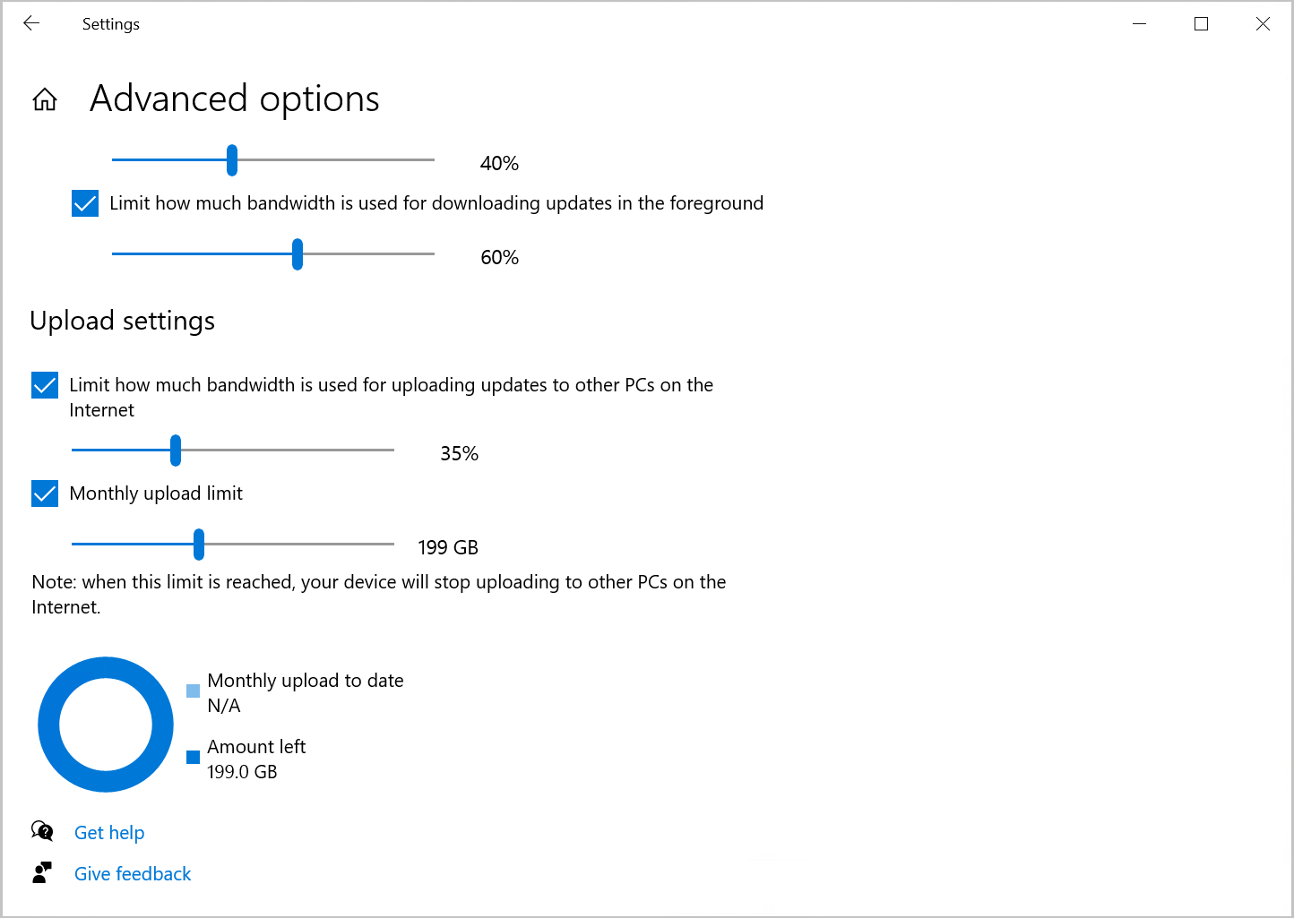 Screenshot of the Delivery Optimization option to limit upload bandwidth in Windows 10.