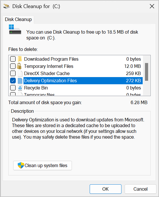 Screenshot of the Disk cleanup utility showing the option for Delivery Optimization Files selected.