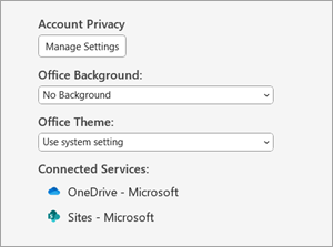 Screenshot that shows the page containing the theme-related settings for Dark mode in Word.