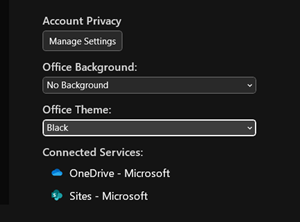 Screenshot that shows the page containing the system-related settings for Dark mode in Word.