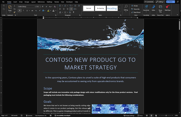 Screenshot that shows the Dark mode in Word.