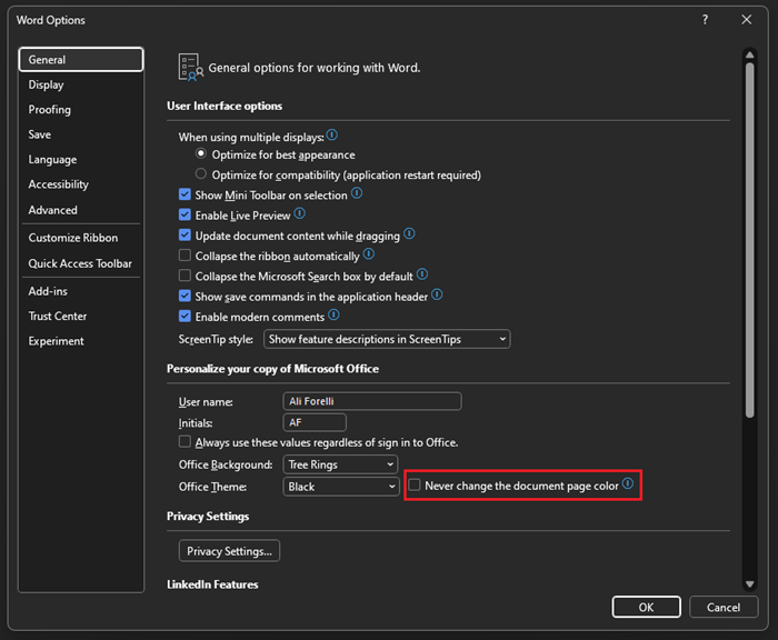 Screenshot that shows the setting that does not allow the color of the document's page to be changed.