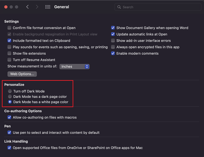 Screenshot that shows the page from which you can set the page to display in a light color.