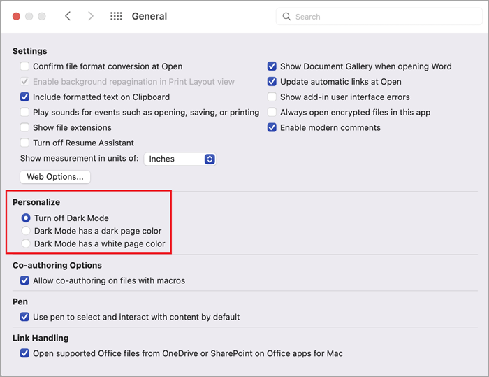 Screenshot that shows the page from which you can turn off the Dark Mode.
