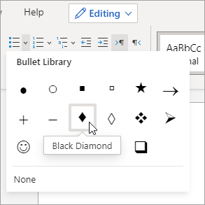 Bullet Library drop-down menu