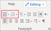The Paragraph group with bullet and number options highlighted