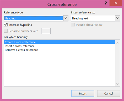 Cross-reference dialog box in Word