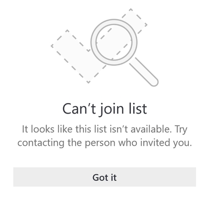 List sharing error message from Microsoft To Do that says Can't join list. It looks like this list is unavailable. Try contacting the person who invited you.