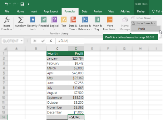 Click Use in Formula to add a defined name to a formula syntax