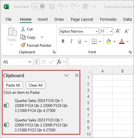 Screenshot showing the Excel Clipboard with clips.