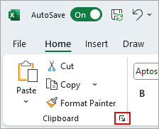 Screenshot showing where to find the Excel Clipboard launcher box.