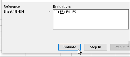 Evaluate formula dialog with +E3+E4+E5