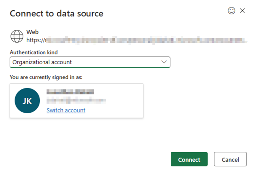 Shows the Connect to data source window, with a dropdown for selecting the type of authentication.