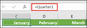 Use a named array constant in a formula, like =Quarter1, where Quarter1 has been defined as ={January,February,March}