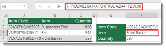 If youre using INDEX/MATCH when you have a lookup value greater than 255 characters is needs to be entered as an Array formula. The formula in cell F3 is =INDEX(B2:B4,MATCH(TRUE,A2:A4=F2,0),0), and is entered by pressing Ctrl+Shift+Enter