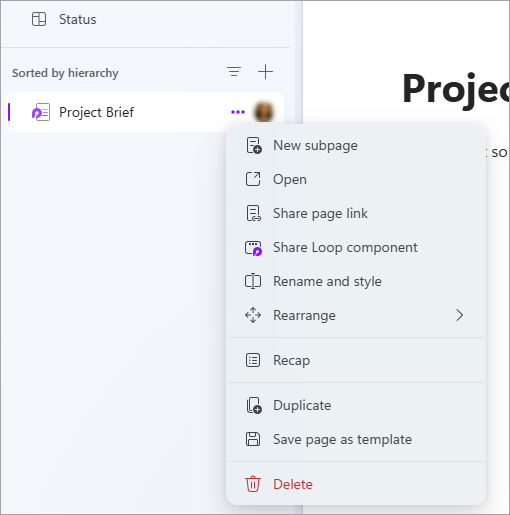 A Loop page with the More Page options menu open. The Save page as template option is near the bottom.