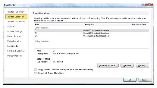 Trust Center Settings dialog showing Trusted Locations option