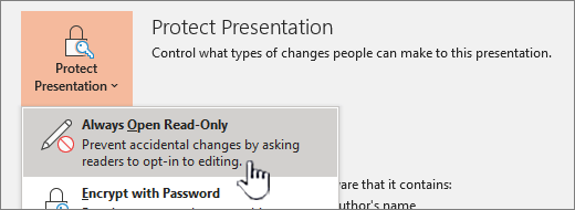 The Protect Presentation menu with Always Open Read-Only selected