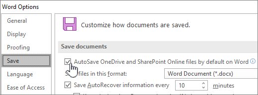 Turn on default autosave in Word