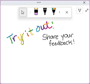 Screenshot of the enhanced pen feature in OneNote. It shows Try it out written in multi-colored ink.