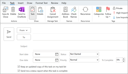On the navigation bar, select Tasks, and then select New Task, open an existing task, or use the keyboard shortcut Ctrl+Shift+K.